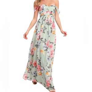 Lulu’s Harmonious Love Mint Floral Print Off-the-Shoulder Maxi Dress- Size Small